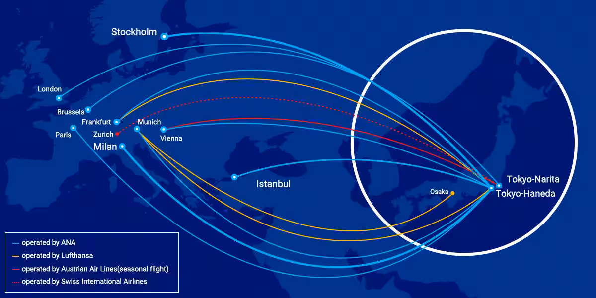 Flight map of ANA Air nippon Airways and Lufthansa's combined flight routes, displayed on a world map.