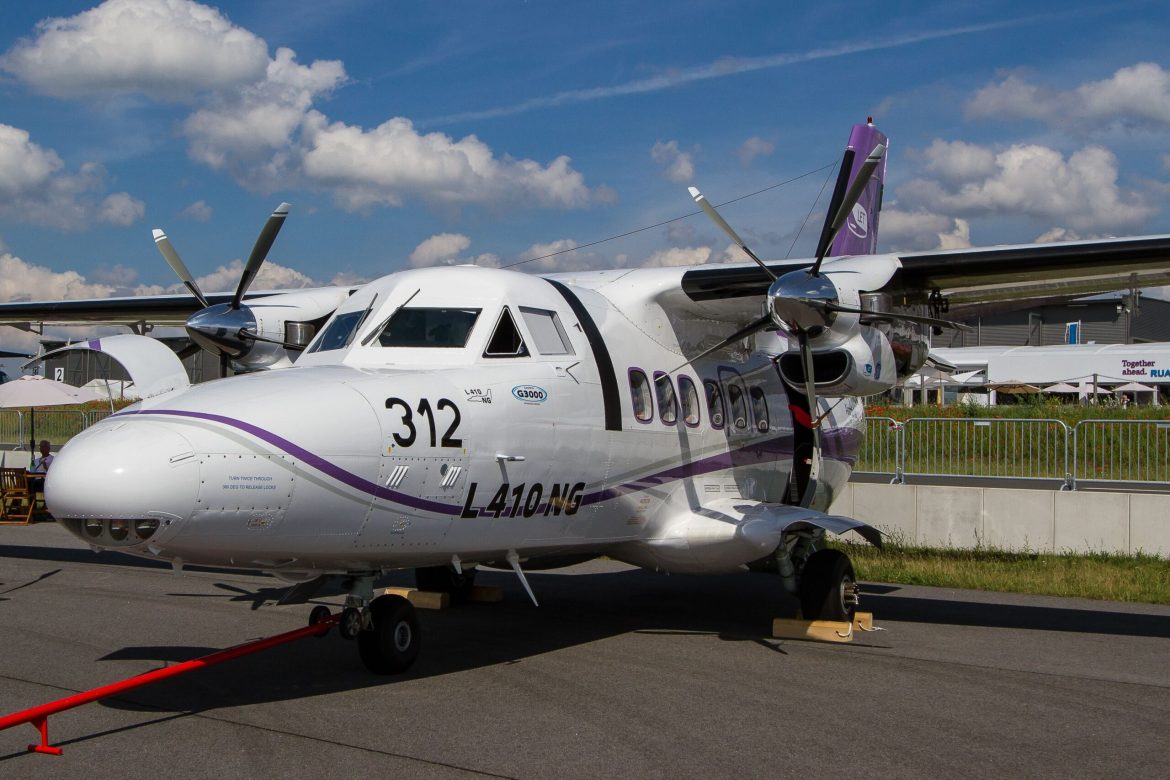 The latest version of the Let 410 regional aircraft from Czech manufacturer Let at a exhibition
