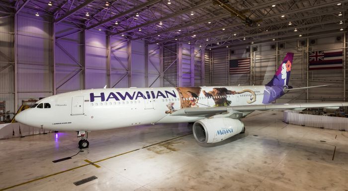The image of Airbus A330 designed for 'Moana 2' film theme at Honolulu International Airport.