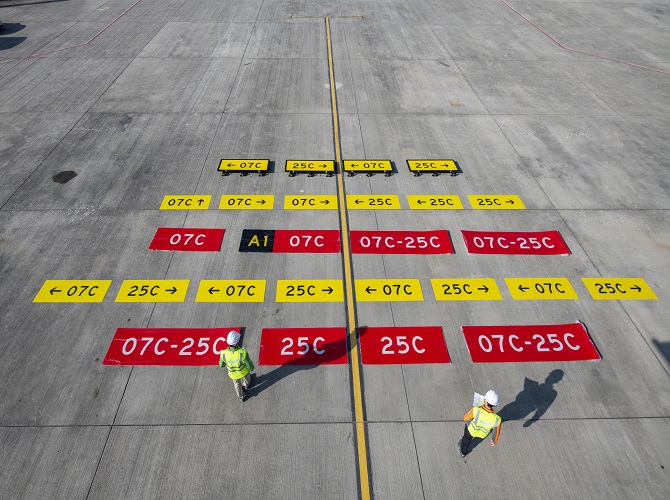 Staff preparing the new designations for the runway and taxiway markings. ( Source: Airport Authority, Hong Kong )