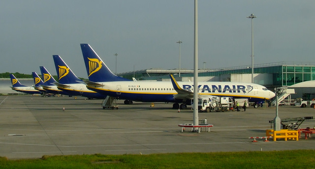 5 Ryanair aircraft lined up on the taxiway at Stansted Airport.