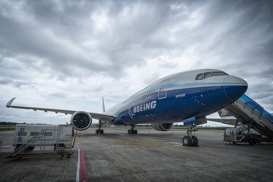 The Boeing 777X test aircraft on the tarmac on February 13, 2022, at Changi Airport in Singapore.