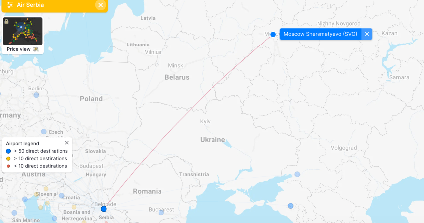 Air Serbia's Belgrade to Moscow Route © FlightConnections